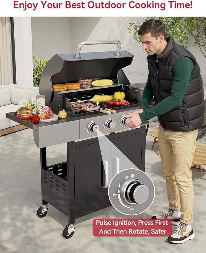 Aoxun 4-Burner Propane Grill with Side Burner, 49000 BTU Gas Grill, Stainless Steel Outdoor Grill with Cast Iron Grates & Side Tables for Backyard, Patio, Camping