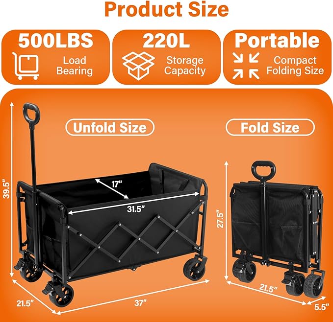 Wagons Carts Foldable — Heavy Duty Collapsible Wagon for Groceries, Apartment Moving & Storage Wagon cart with Wheels Foldable,Portable Folding Wagon for Yard Work, Travel, Shopping,Picnic & Pets