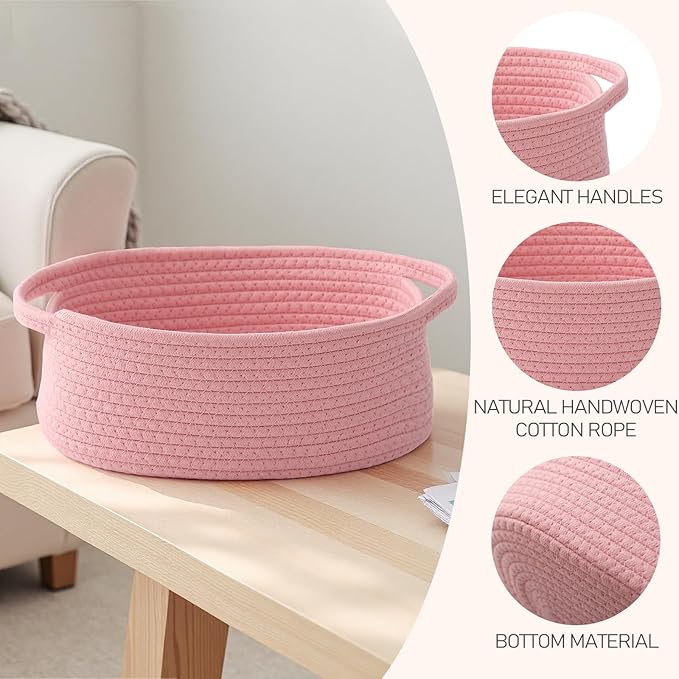 Woven Basket,Small Rope Storage Bin with Handles & Ribbon Bag, Organizer for Shelves Closets,Gift Basket Empty for Birthday,Books,Dog Toys, Pink/2 Pack
