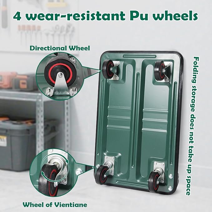 LEADALLWAY Foldable Push Cart Platform Cart (Green 330lbs with 2 Ropes, 28.7x18.5x32.3inches)