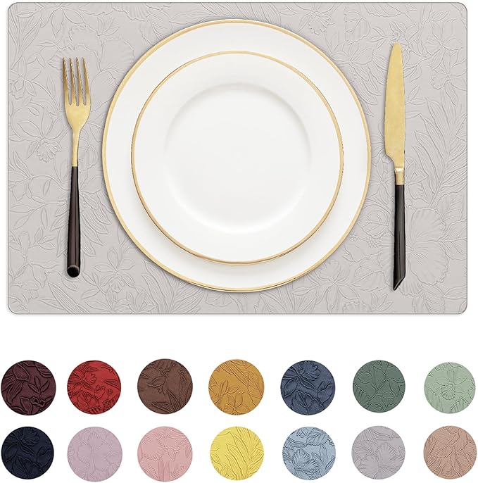 Romanstile Vinyl Placemats Set of 6-12 X 18 Inch - Heat Resistant Non-Slip Embossed Floral Place Mats 100% Waterproof Oilproof Wipeable Faux Leather Table Mats for Kitchen/Dining/Party, LightGrey