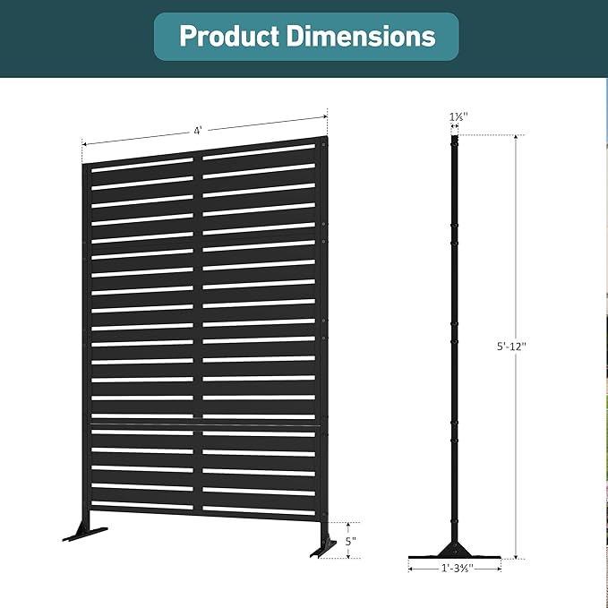 Modern Shade Metal Privacy Screen Outdoor 72" H x 48" W, Stable & Durable Privacy Fence Panels for Instant Privacy & Space Division, Freestanding Decorative Patio Screens for Outdoor, Black (4 Panel)