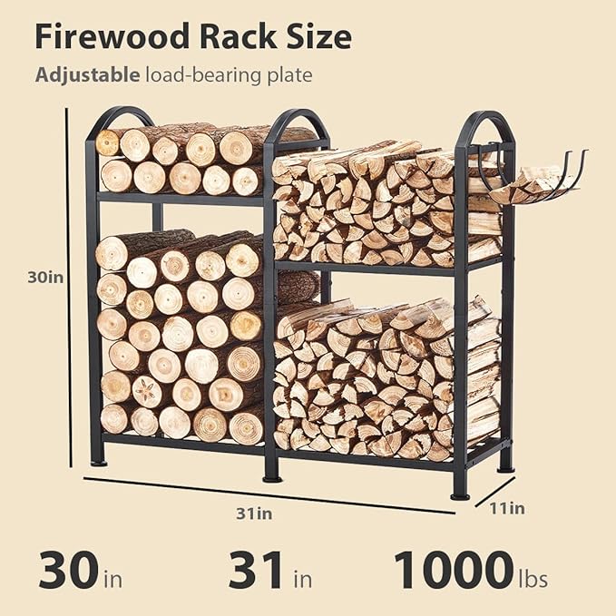 Firewood Rack Indoor With Hooks, 31inch Firewood Rack, log holders for firewood outdoor, Fireplace Wood holder Indoor, Adjustable Small Fire Wood Storage