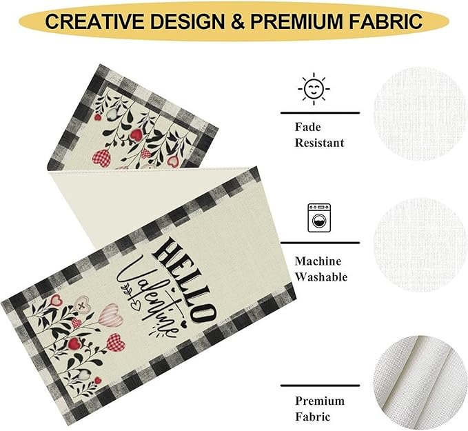 Valentines Day Table Runner,Vintage Rustic Black White Red Heart Buffalo Plaid Table Center Decor for Family Kitchen Living Room Outdoor Farmhouse Party Table Decorations, 13"x90"