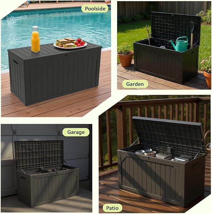 100 Gallon Resin Deck Box, Waterproof Outdoor Storage Box for Patio Furniture, Garden Tools, and Pool Accessories, Lockable UV-Resistant Storage Bin Bench Cabinet for Outside, Black