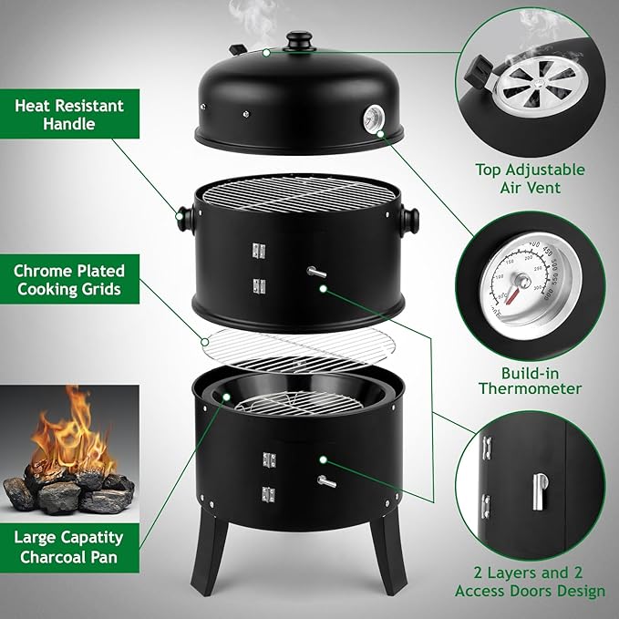 3-in-1 Vertical Charcoal Smoker Grill - Heavy Duty Portable Outdoor BBQ with Smoking Function, Built-in Thermometer, Air Vent & 2 Access Doors for Backyard Parties, Camping