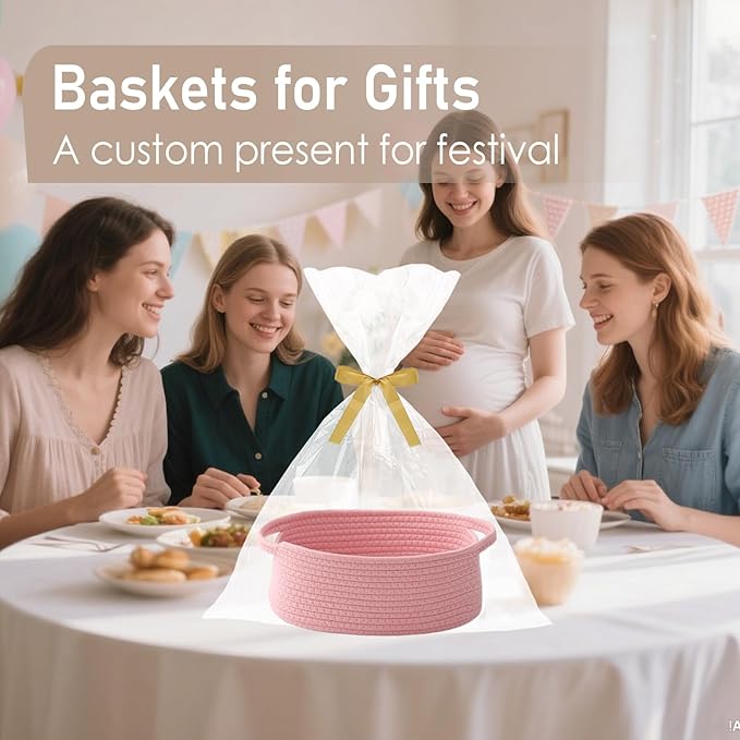 Woven Basket,Small Rope Storage Bin with Handles & Ribbon Bag, Organizer for Shelves Closets,Gift Basket Empty for Birthday,Books,Dog Toys, Pink/2 Pack