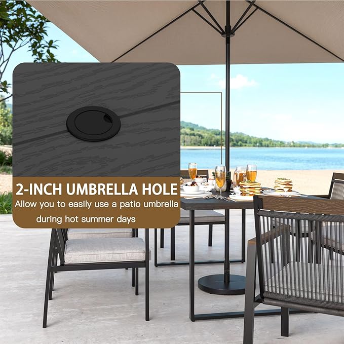 5-Piece Patio Dining Table and Chair Sets, Outdoor Metal Dining Furniture Set with Umbrella Hole, Wood Grain Tabletop, 4 Rope Patio Chairs with Faux Wood Armrest & Cushions for Backyard, Deck