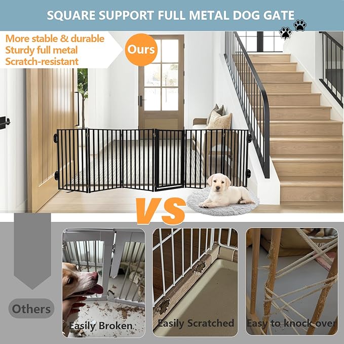 Full Metal Freestanding Dog Gates with Door, 32" Height Dog Fences for Indoor & Outdoor, Extra Wide Foldable Pet Gates for Stairs, Hallways, Doorways, Yard (6 Panels, 120" W × 32" H)
