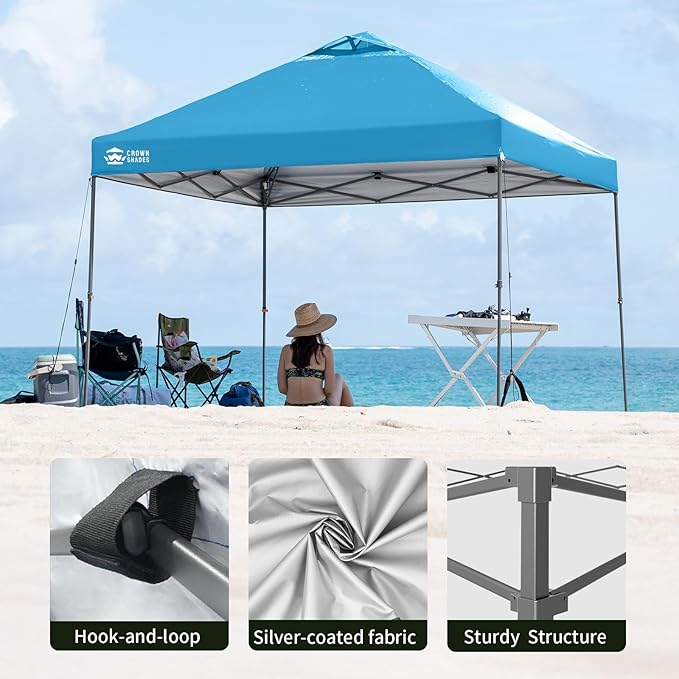 CROWN SHADES Adjustable Height on The Fly, 10x10 Pop Up Canopy - Beach Tent with One Push Setup - Easy Outdoor Sun Shade for Events, Parties, Camping - Outside Shade with STO-N-Go Bag, Sky Blue