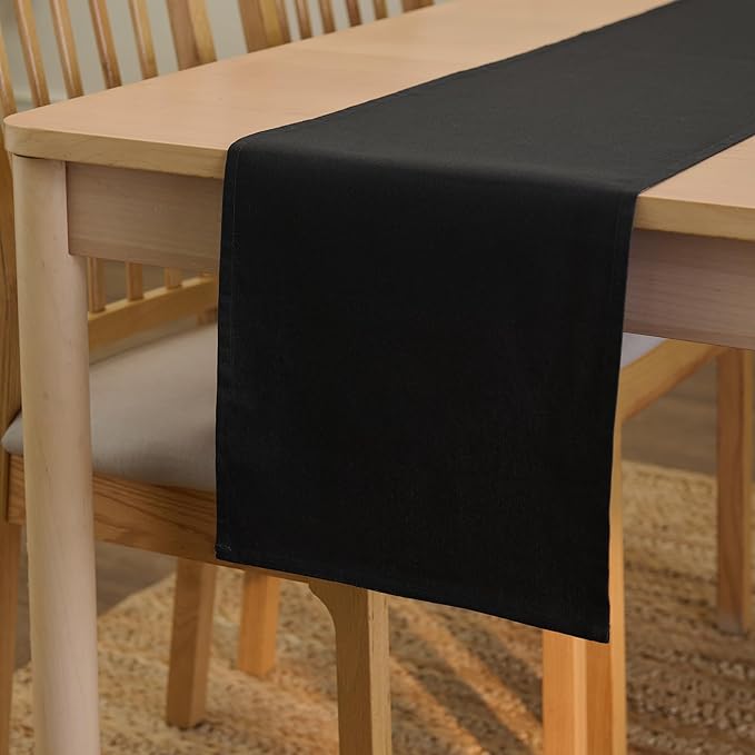 Encasa XO Table Runner 13"x91" Long | Cotton Canvas Fabric | Jet Black Solid Color | Machine Washable & Durable