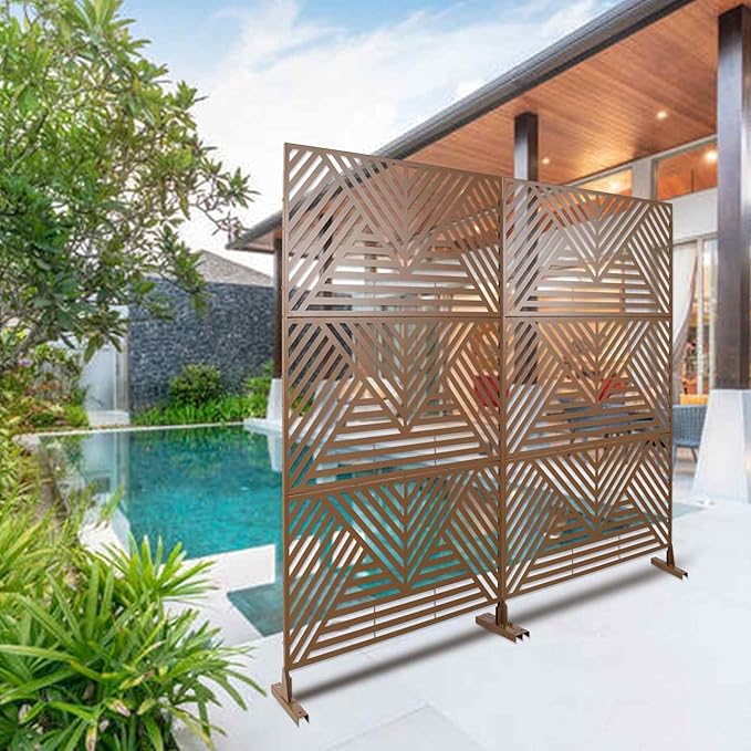 Outdoor Privacy Screen with Geometric Design – Metal Decorative Panel, Freestanding Partition, Weather-Resistant, 76"x48" for Garden, Patio, Balcony, and Yard, Brown