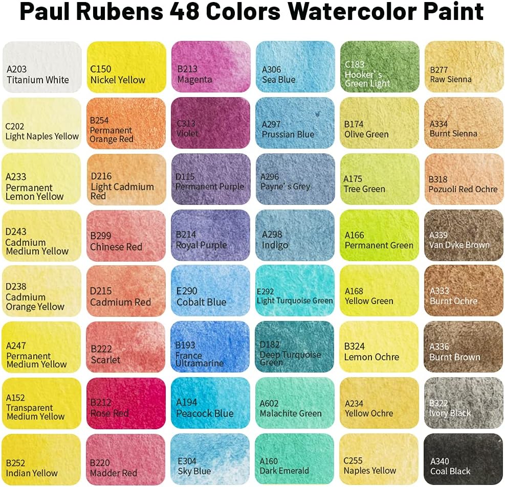 Paul Rubens Artist Grade Watercolor Paint, 48 Colors Solid Cakes with Portable Metal Box for Artists, Beginners, Hobbyists, Students
