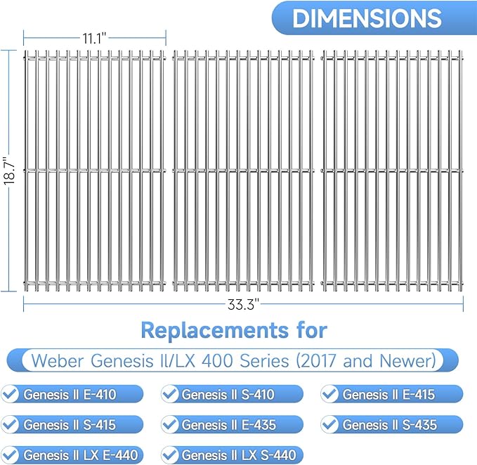 3Pack Stainless Steel Replacement Grill Parts for Weber Genesis 2 GS4 Grates 66089 66097 LX 400 SER GBS S-435, Weber Genesis II E-410, E-435, S-435, SE-410, Kitchen-aid 720-0856V 740-0781