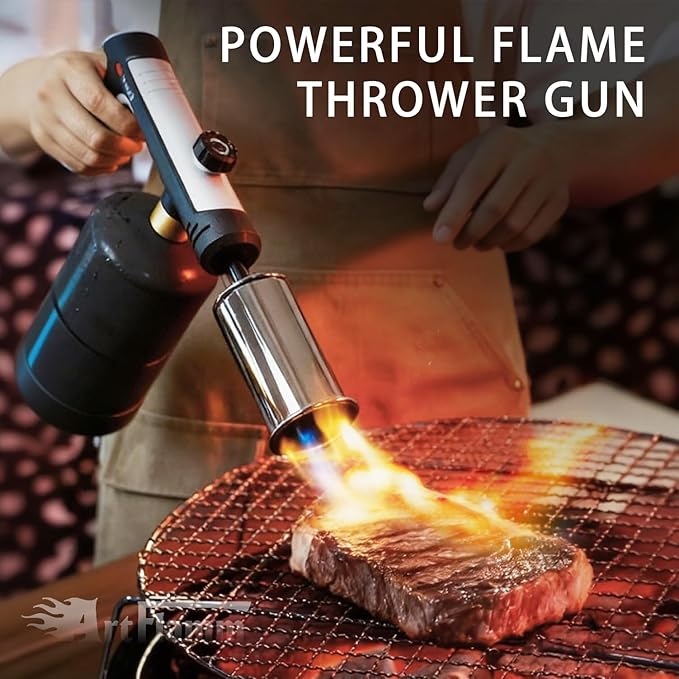 Powerful Propane Torch with One-Touch Max Fire, Kitchen Cooking Torch with Safety Lock, Adjustable Flamethrower Blow Torch for Grill, Sous Vide, BBQ, Campfire (Tank Not Included)
