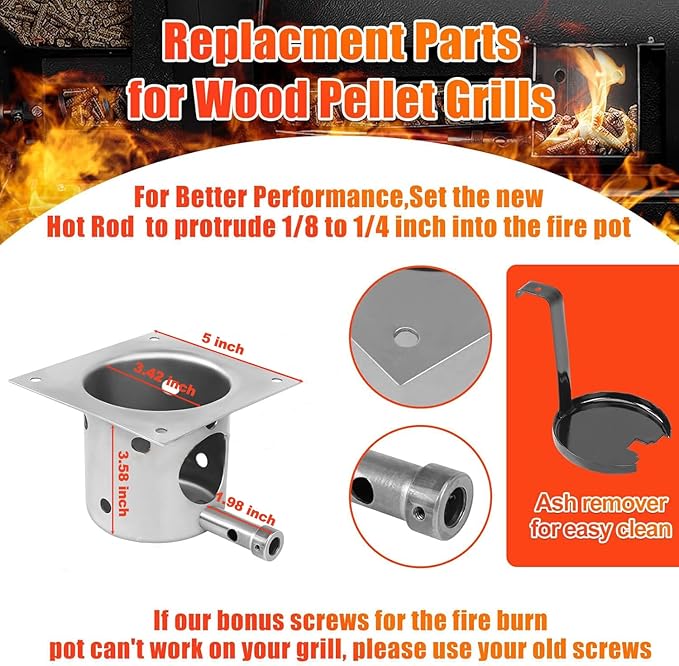 Fire Burn Pot and Hot Rod Ignitor Kit for Traeger and Pit Boss Pellet Grill, Upgraded Pellet Grill Replacement Parts, Come with Hot Rod Igniter, Ash Remover, Screws and Fuse