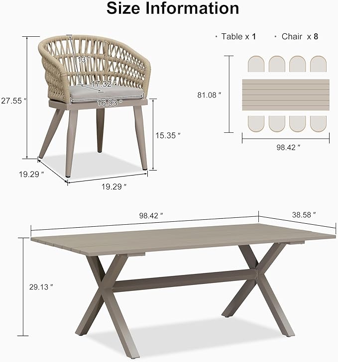 PURPLE LEAF Outdoor Dining Set All-Weather PE Rattan Outdoor Patio Dining Furniture Set with All Aluminum Frame Rectangular Table and 8 Chairs Set for Lawn Garden Backyard Deck, Champagne