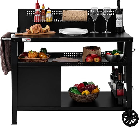 Royal Gourmet PC4401B 3-Tier Dining Cart with Wind Guard, Sturdy Structure and Ample Storage Shelves, for Indoor & Outdoor use，with Bottle Opener, Hooks, Wine Rack, Multifunctional Side Handle, Black
