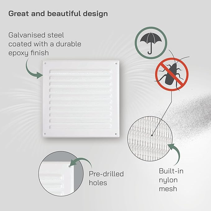 Vent Systems - 8 x 8 Inch (Inner) White Metal Square Soffit Air Vent Grille Cover, Register Vent Deflector Louver Built-in Mesh HVAC for Bathroom Home Office Kitchen 10" x 10" (Outer)