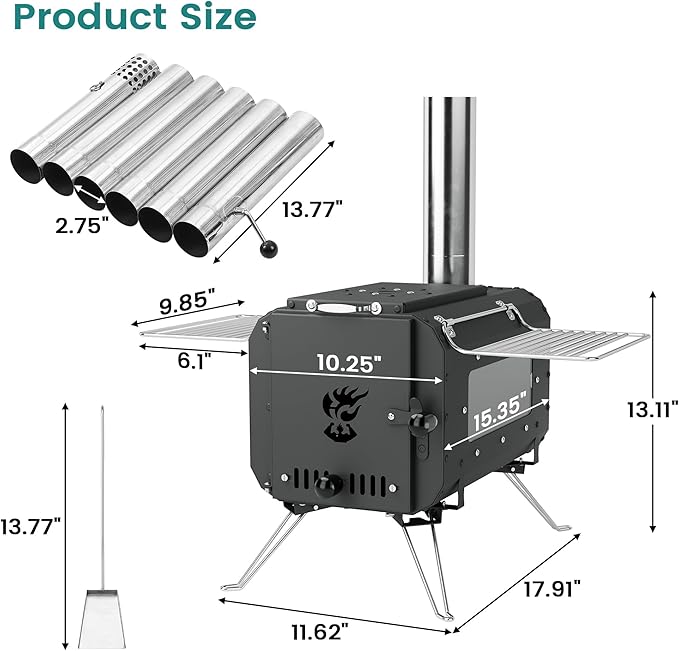 Wood Burning Stove, Hot Tent Stove, Folding Portable Wood Stove for Tent, Cooking, Hiking, Camping Wood Stove Includes Six Chimney Pipes and View Glass, Black
