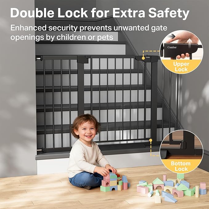 Cumbor 2 Pack 29.7"-51.5" Extra Wide Baby Gate for Stairs, Easy Wall Through Dog Gates for Doorways, Pressure Mounted Pet Gate Indoor, Safety Auto-Close Child Gate for Kids with 4 Wall Cups, Black