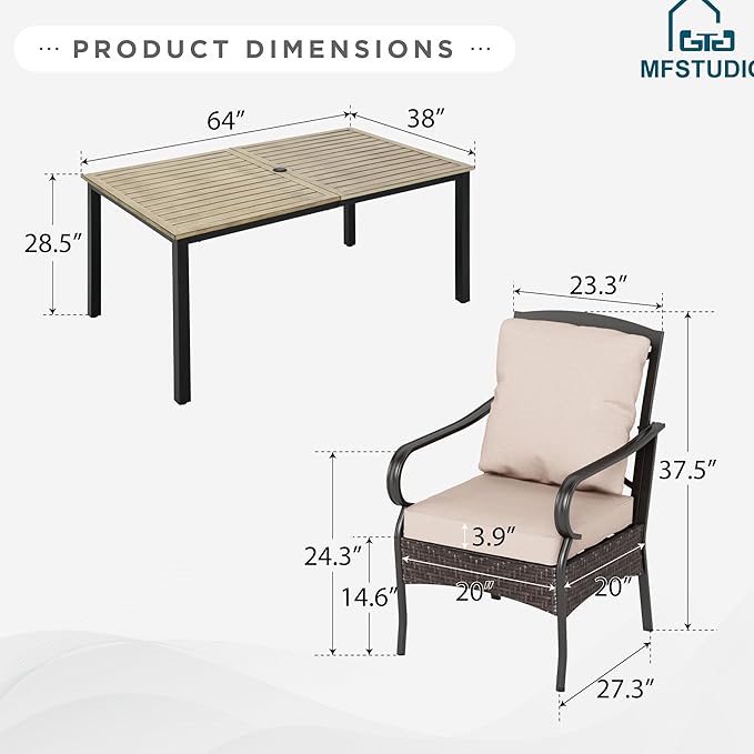 MFSTUDIO 7 Pieces Patio Dining Sets for 6, 64" Rectangle Wood-Like Dining Table for 6, Cushioned Metal Chairs, Outdoor Table and Chairs, Heavy Duty Dining Furniture for Backyard, Porch