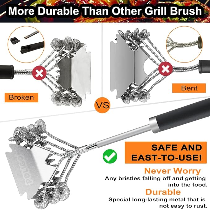 POLIGO Safe Grill Brush and Scraper Bristle Free 18" Grill Cleaner Brush - Stainless Steel BBQ Brush for Grill Cleaning - Wireless Grill Brush with BBQ Scraper for Grill - Gifts for Grill Wizard