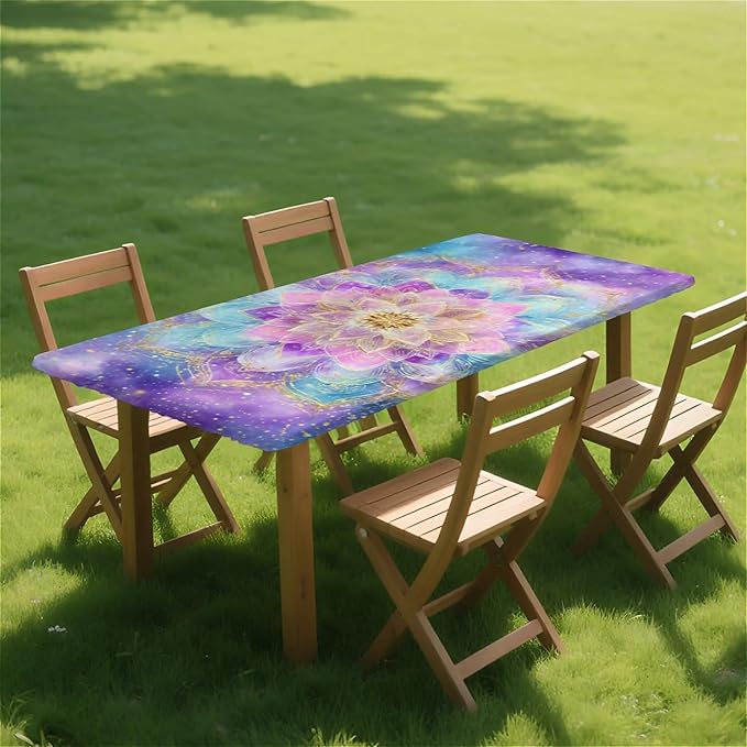Rectangle Table Cloth Cover Waterproof Elastic Fitted Polyester Fitted Tablecloths for 6 Foot Tables for Indoor,Picnic, Camping, Outdoor （60" x 30"，Datura）