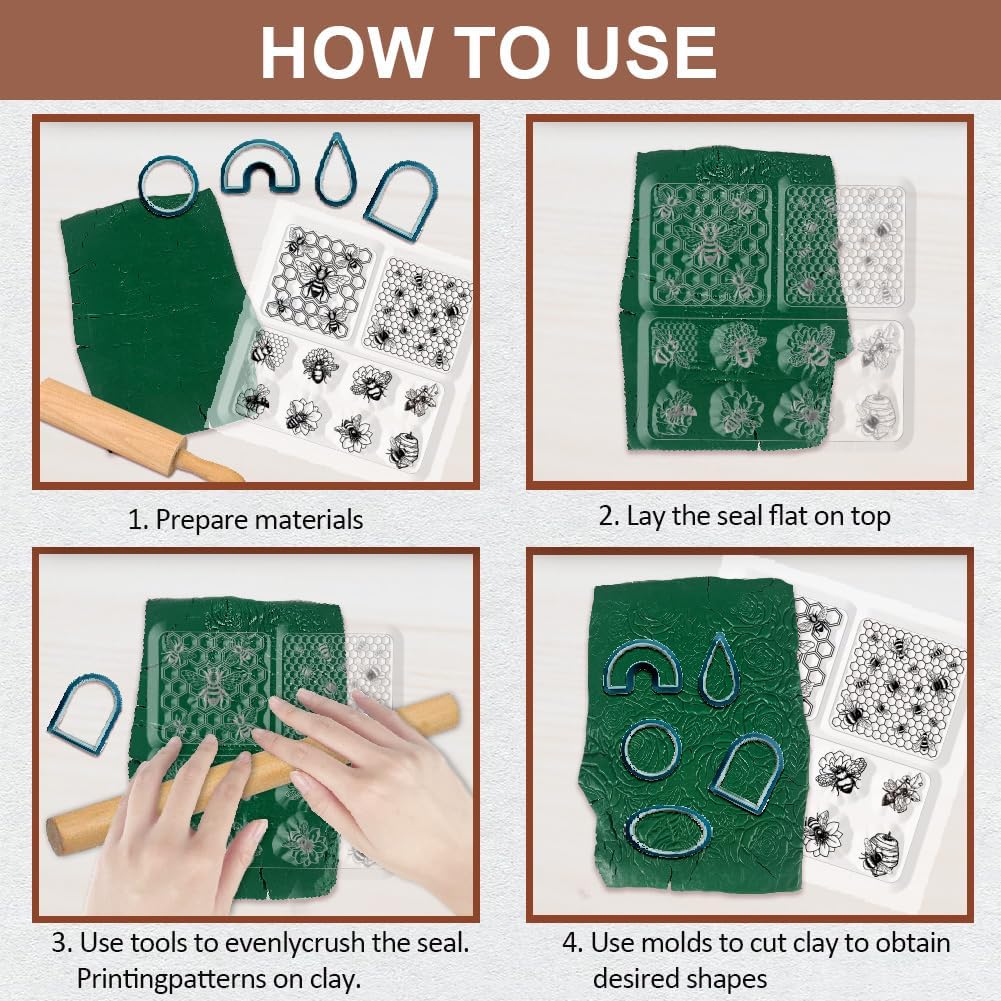 CHGCRAFT Polymer Clay Texture Sheets Bee Pattern Polymer Clay Texture Mat Insect Silicone Mat Silicone Molding Pattern Sheets for Pottery Earrings Jewelry Making