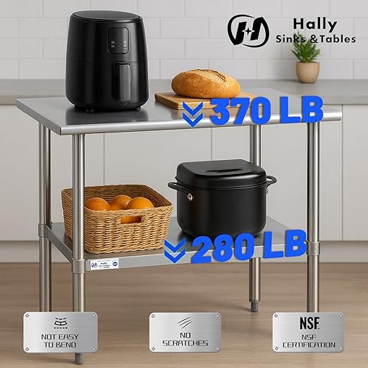 Hally Stainless Steel Table for Prep & Work 18 x 36 Inches, NSF Commercial Heavy Duty Table with Undershelf and Galvanized Legs for Restaurant, Home and Hotel