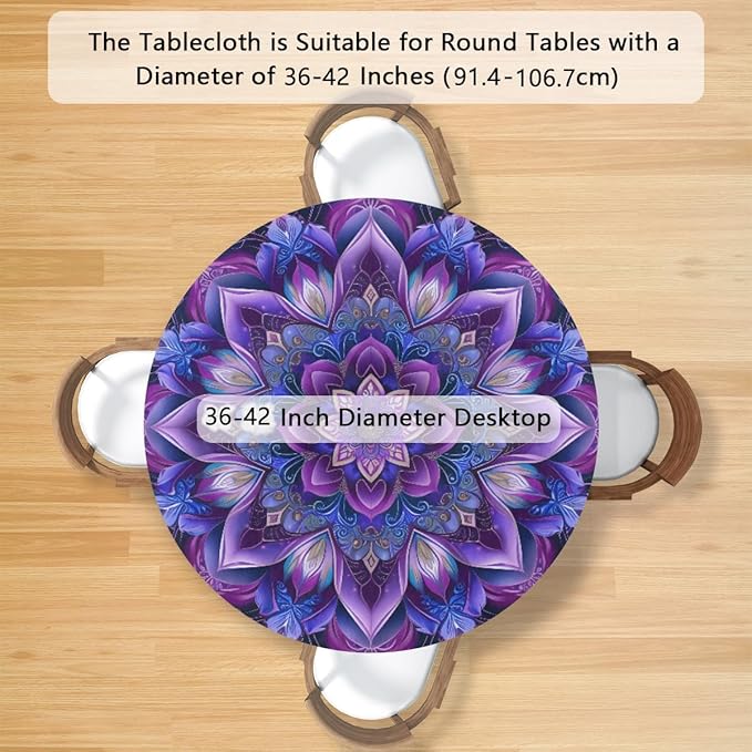 Mandrake Purple Blue Flower Round Table Cloth Cover, Elastic Edge Waterproof Wipeable Tablecloths 36"-42" Polyester Tablecloth for Party Restaurant Banquet Holiday Camping Outdoor Picnic