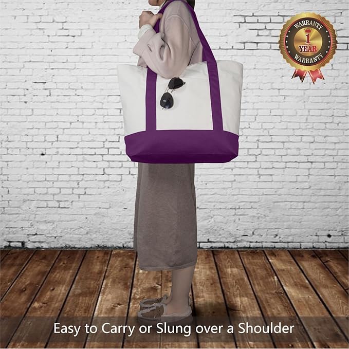 TOPDesign 3-Pack Canvas Tote Bags with an External Pocket, Reusable Grocery Shopping Bags, Top Zipper Closure, Daily Essentials (Purple/Natural)