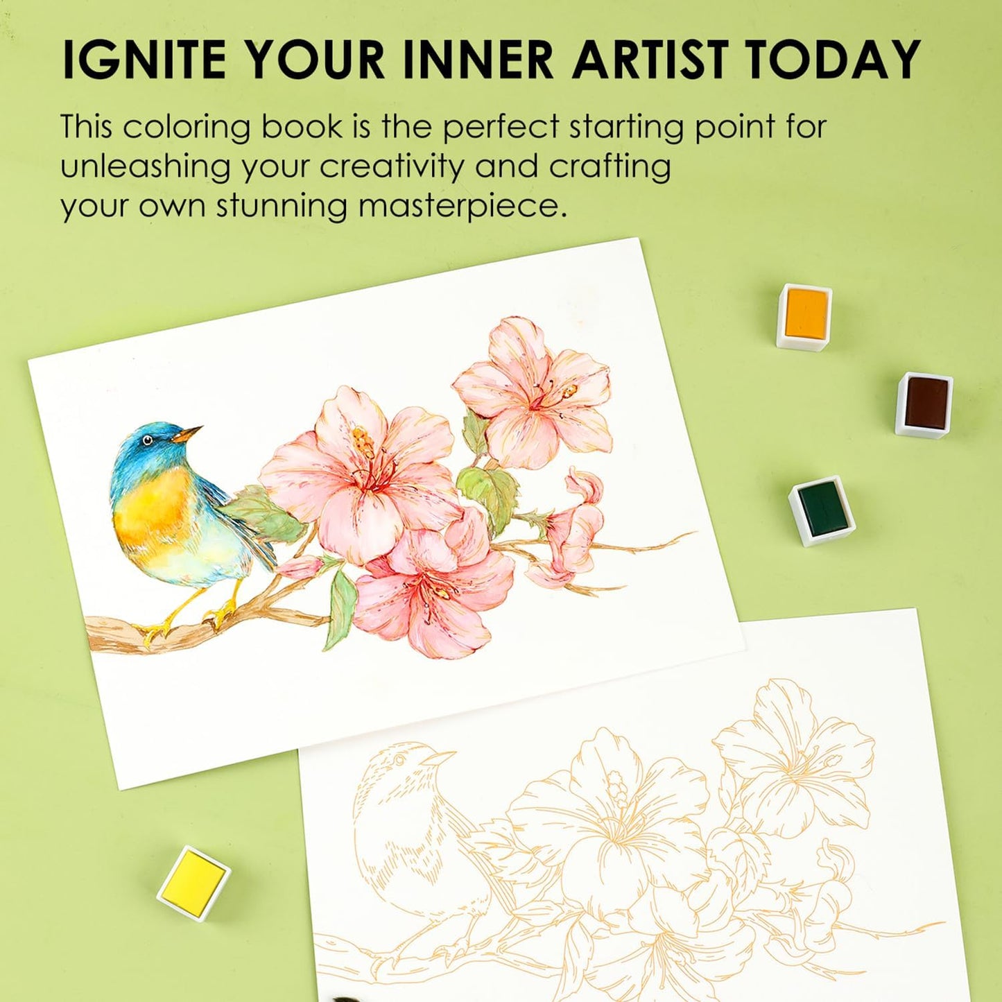 Grabie Watercolor Coloring Book, 15 Sheets Art Pad A5 (8.3 x 5.8), Cotton Watercolor Book for Adults(Floral)