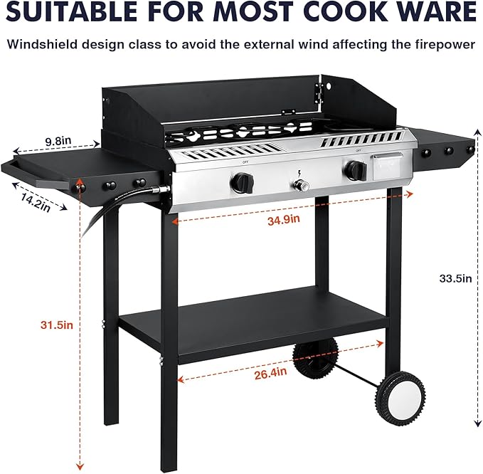 Llamaviva 2 Burner Outdoor Gas Stove with Side Shelves, Auto-ignition & Regulator, 150,000 BTU Propane Outdoor Stoves for Cooking, Camping&BBQ Cookouts