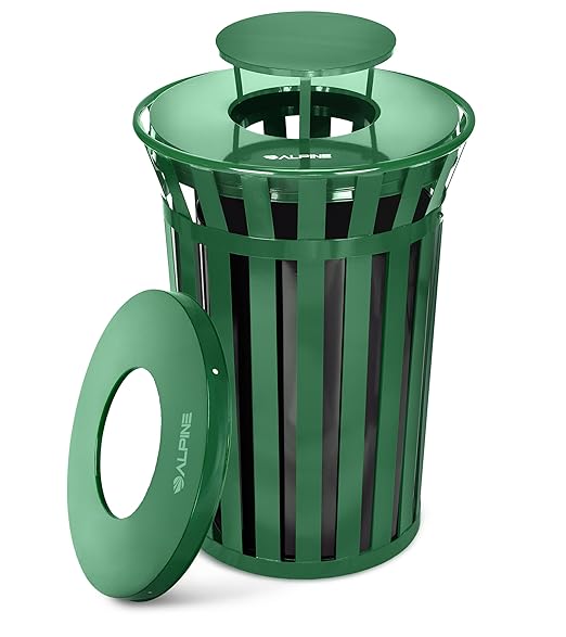 Alpine Commercial Outdoor Trash Can - 38 Gallon Heavy Duty Green Recycle Garbage Can with Liner, Flat Lid and Rain Bonnet Lid, All Weather Resistant Large Outside Trash Can for Parks, Parking, School
