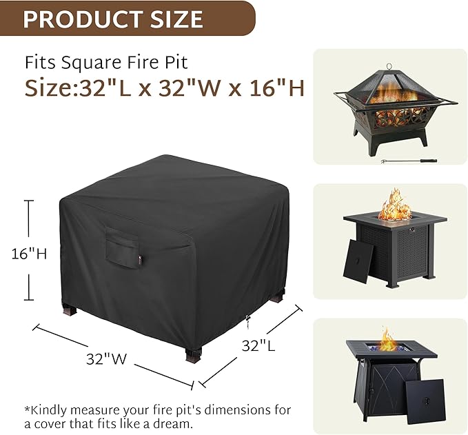 iBirdie Square Fire Pit Cover 32 x 32 inch Outdoor Waterproof and Weatherproof Heavy Duty 600D Patio Fireplaces Table Coffee Table Cover