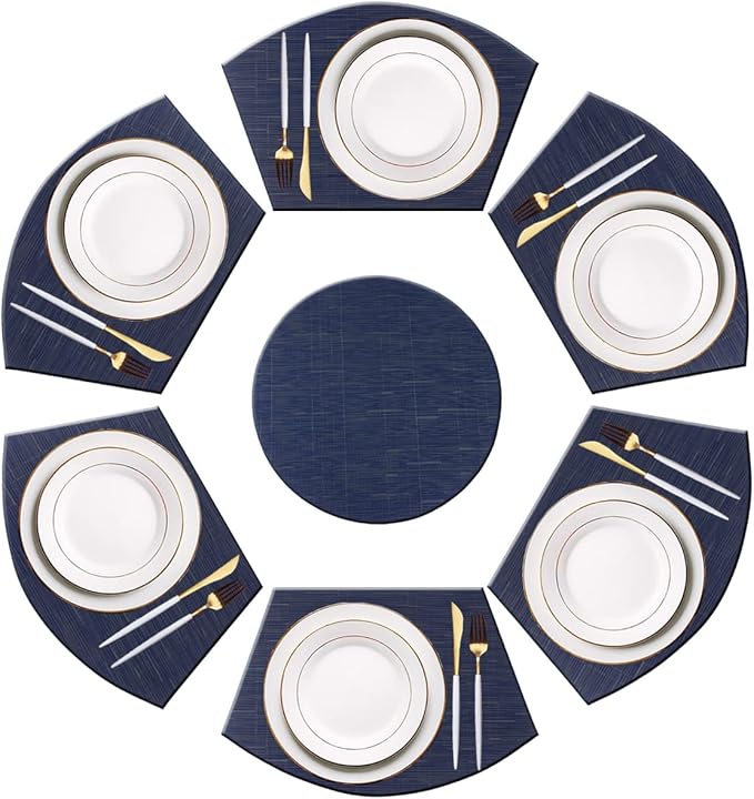 PIGCHCY Wedge Shaped Placemats Set of 6 with Centerpiece Round Mats Washable Kitchen Placemats Heat-Resistant Table Mats (Navy Blue)