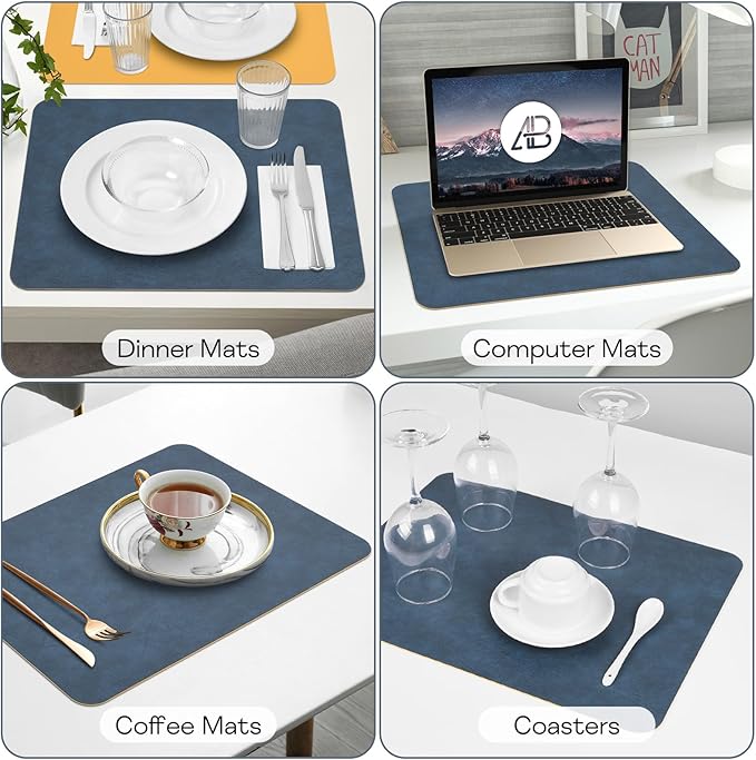 Faux Leather Placemats Set of 6 Table Mats Heat Resistant Reversible Place Mats, Waterproof Wipeable Dining Table Placemats for Home Party Outdoor, 15.8 x 11.8 inches (Blue/Yellow)