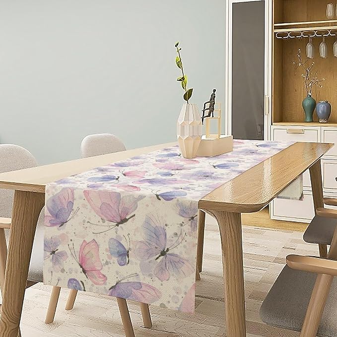 Watercolor Butterfly Table Runner, Pink Purple Butterfly Splash Spot Doodle Art Table Runner for Holiday Kitchen Dining Outdoor Home Party 13x70in