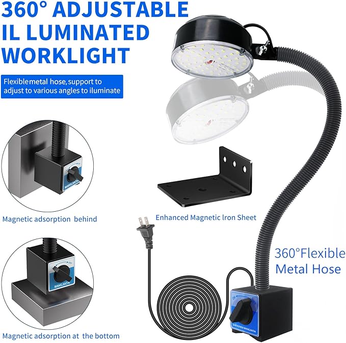 Magnetic Work Light, LED Machine Light, Work Light with Flexible & Magnetic Base, Shop Tool Lamp for Lathe, Work Bench, Sewing Machine, Bandsaw, Industrial Lighting, 2000 Lumens, Black