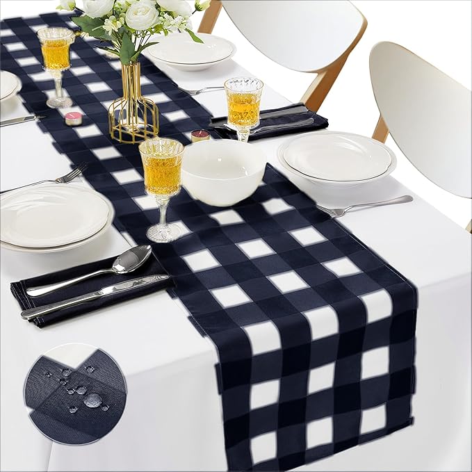Fabric Checkered Table Runner 6 Pack Waterproof Gingham Table Runner 14W x 108L Buffalo Check Table Runners for Parties Kitchen Dining Wedding Banquet (Navy and White)
