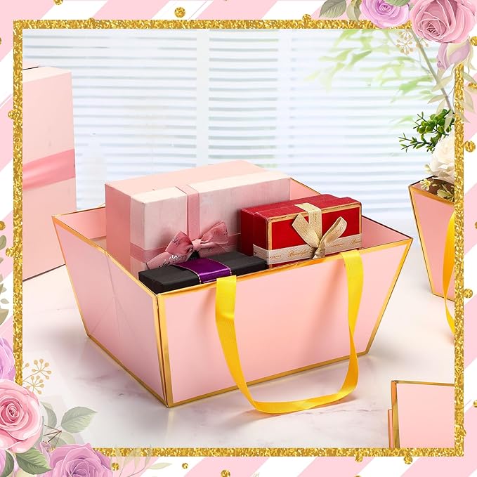 Pinkunn 48 Pcs Basket for Gifts Empty DIY Bulk Gift Basket Kit with Handles Kraft Cardboard Tray for Wedding Baby Shower Graduation Party Anniversary Party Display(Pink Gold)
