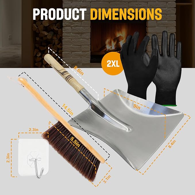 Fireplace Ash Shovel and Brush Set, with Insulated Gloves. Fireplace Tools Set with Shovel, Broom - for Fireplaces, Wood Stoves 40 * 19CM 15.75 * 7.48"