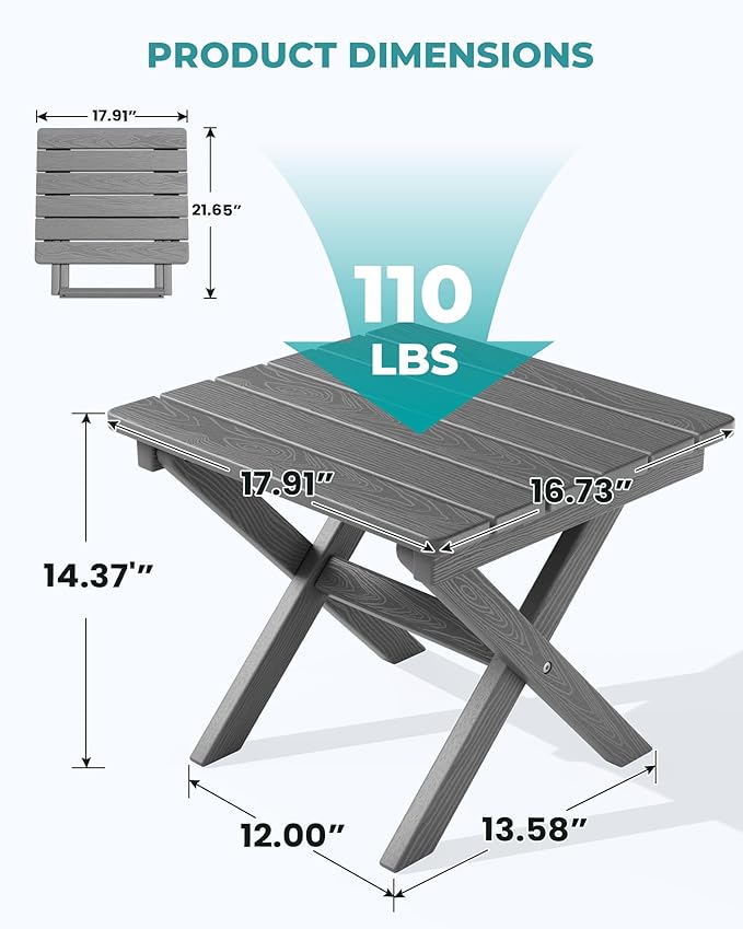 SERWALL Folding Outdoor Side Table Set of 2, Portable Adirondack Side Table, Gray