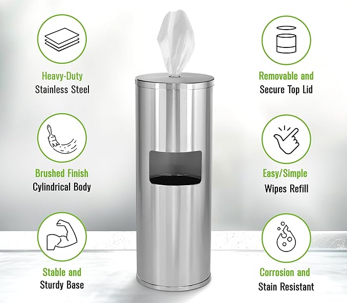 Alpine Stainless Steel Disinfecting Wipes Dispenser Floor Stand - Large Capacity Gym Wipes Dispenser with Trash Can, Smudge Resistant Coating Sanitizing Stand - Disinfectant Wipes Container Included