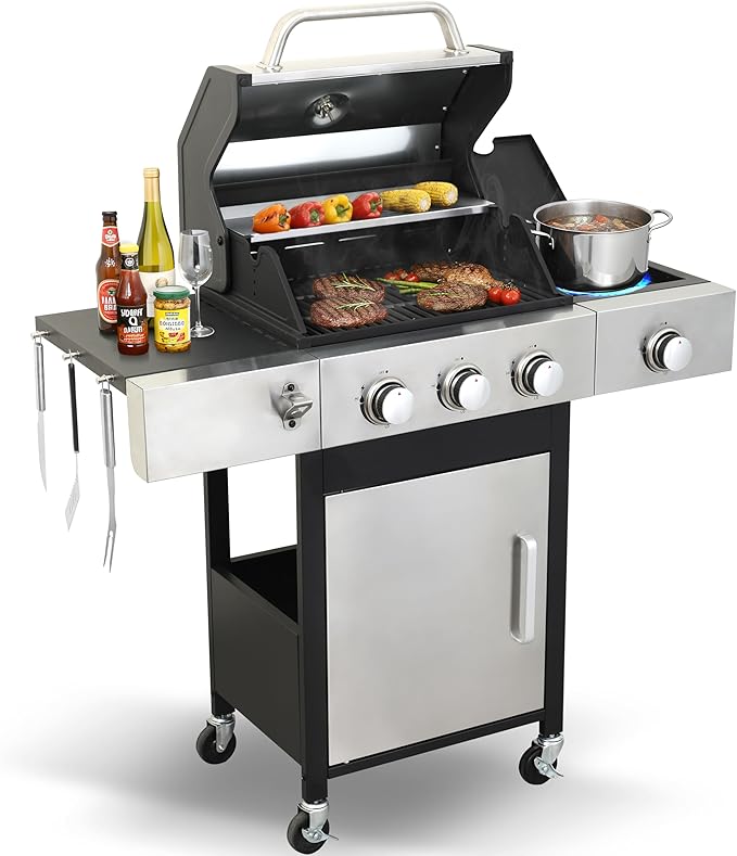3-Burner Propane Grill - 37,230 BTU BBQ with Side Burner | Porcelain Cast Iron Grates | Stainless Steel Outdoor Grill for Backyard, Camping, Tailgating (Fast Heating & Easy Clean)