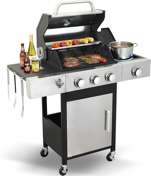 3-Burner Propane Grill - 37,230 BTU BBQ with Side Burner | Porcelain Cast Iron Grates | Stainless Steel Outdoor Grill for Backyard, Camping, Tailgating (Fast Heating & Easy Clean)