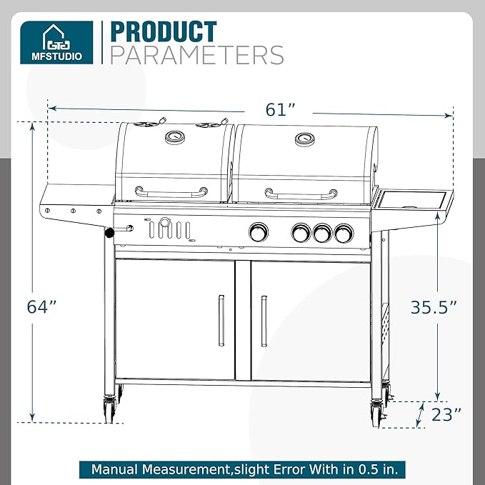 MFSTUDIO 3 In 1 Gas and Charcoal Grill Combo with Side Burner, Porcelain-Enameled Cast Iron Grate, Extra Large Dual-Function BBQ Propane Grills for Outdoor Barbecue Cooking, 690 SQIN Cooking Area