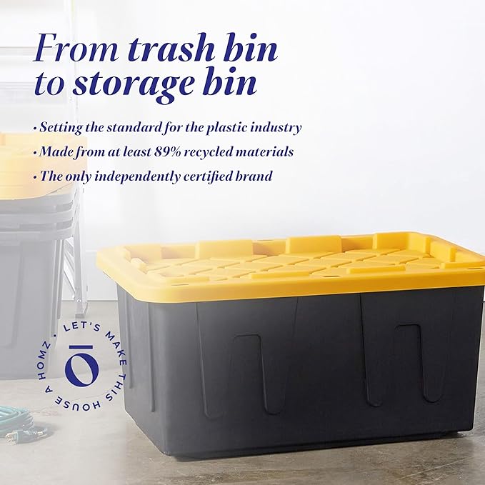HOMZ 4-Pack Durabilt Tote, Heavy Duty Plastic Storage Bins with Lids, 34 Gallon, Black/Yellow - Stackable Organizing Containers for Home, Garage, and Office