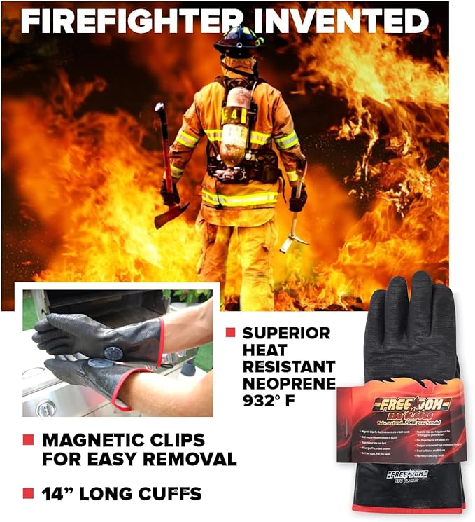 MagneCHEF Freedom BBQ Gloves 932°F Heat Rated Magnetic EZ On Off Safety Clips Waterproof for Grills Smokers Fryers Ovens (14")